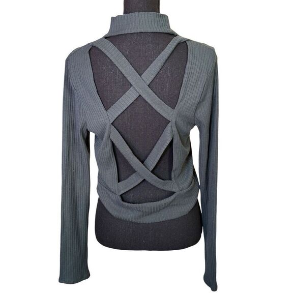 Mixed Threads Dark Green Open Back Criss Cross Ribbed Crop Top Mock Neck Sz Larg - Picture 1 of 6